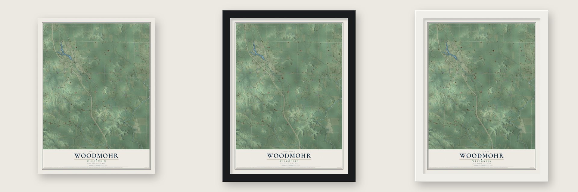 Woodmohr, Wisconsin map unframed, in a black wood frame and in a white wood frame