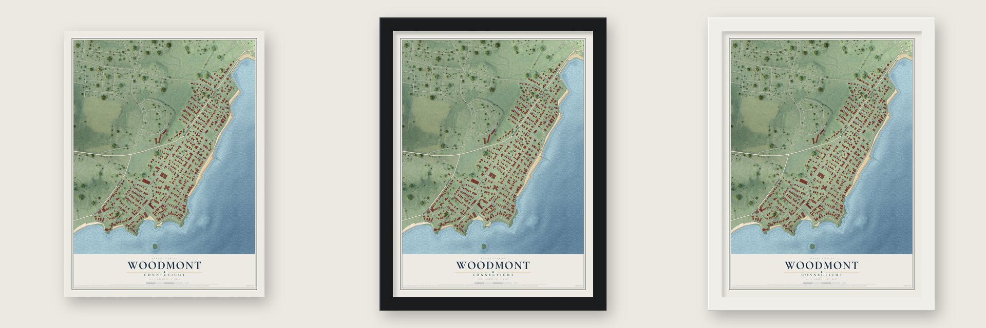Woodmont, Connecticut map unframed, in a black wood frame and in a white wood frame