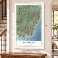 Woodmont, Connecticut map, 24 x 36 inch print in a white frame by a staircase