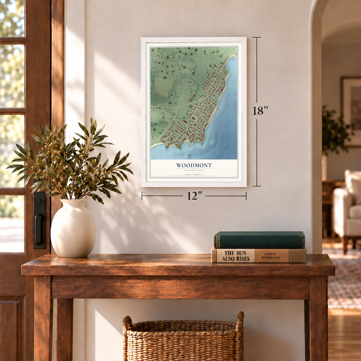 Woodmont, Connecticut map, 12 x 18 inch print in a white frame in an entryway