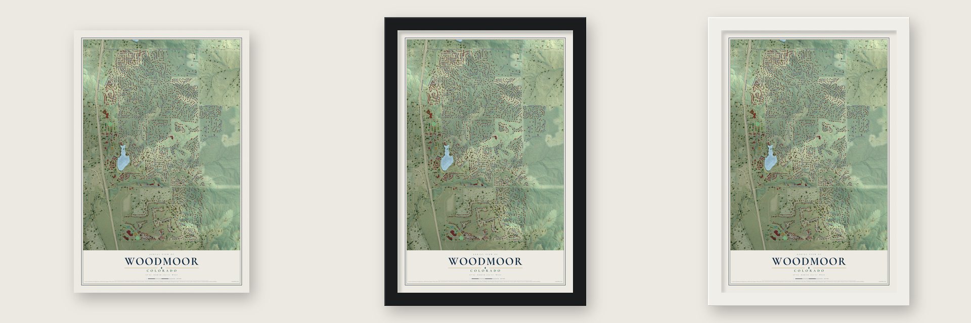 Woodmoor, Colorado map unframed, in a black wood frame and in a white wood frame