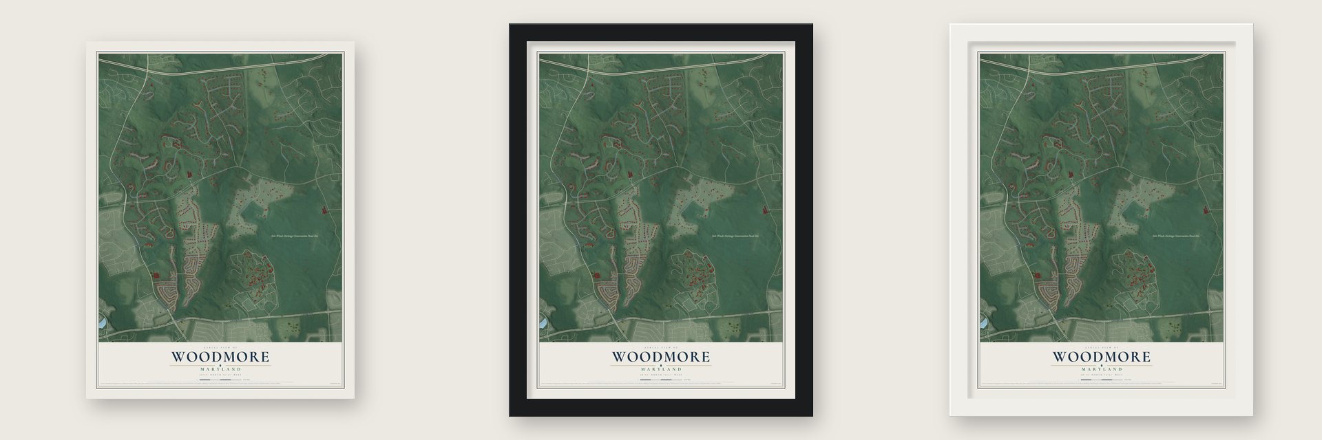 Woodmore, Maryland map unframed, in a black wood frame and in a white wood frame