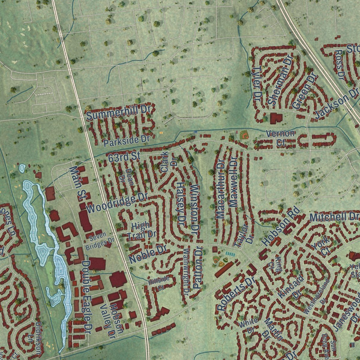 Second close-up of the map of Woodridge, Illinois print showing more streets and buildings