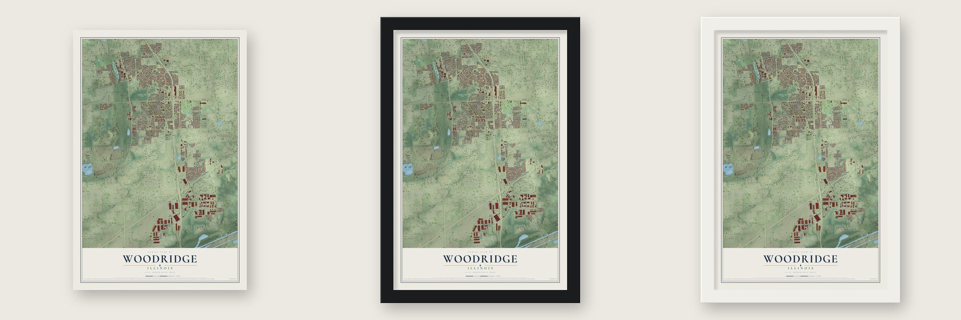 Woodridge, Illinois map unframed, in a black wood frame and in a white wood frame