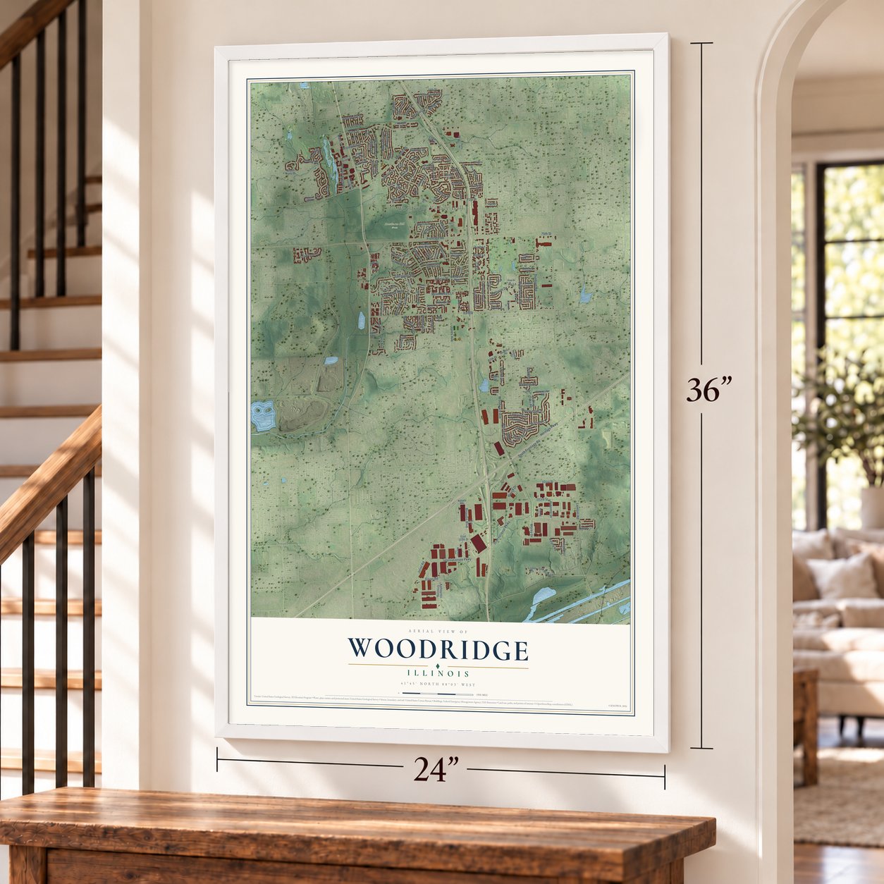 Woodridge, Illinois map, 24 x 36 inch print in a white frame by a staircase