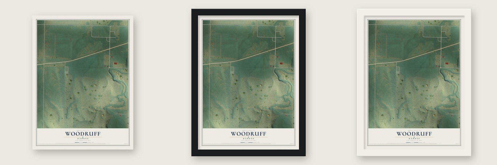 Woodruff, Kansas map unframed, in a black wood frame and in a white wood frame