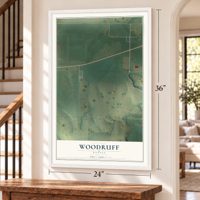 Woodruff, Kansas map, 24 x 36 inch print in a white frame by a staircase