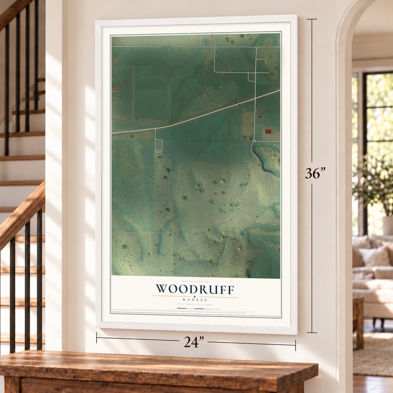 Woodruff, Kansas map, 24 x 36 inch print in a white frame by a staircase