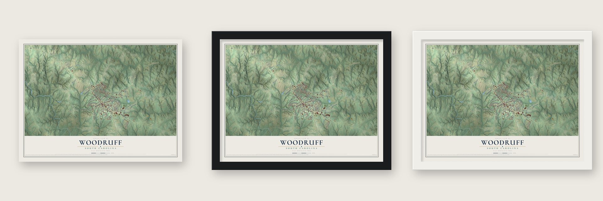Woodruff, South Carolina map unframed, in a black wood frame and in a white wood frame