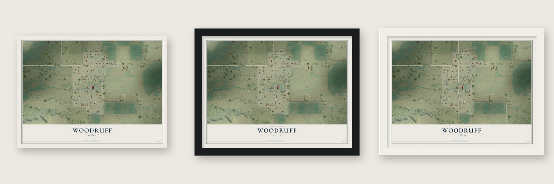 Woodruff, Utah map unframed, in a black wood frame and in a white wood frame