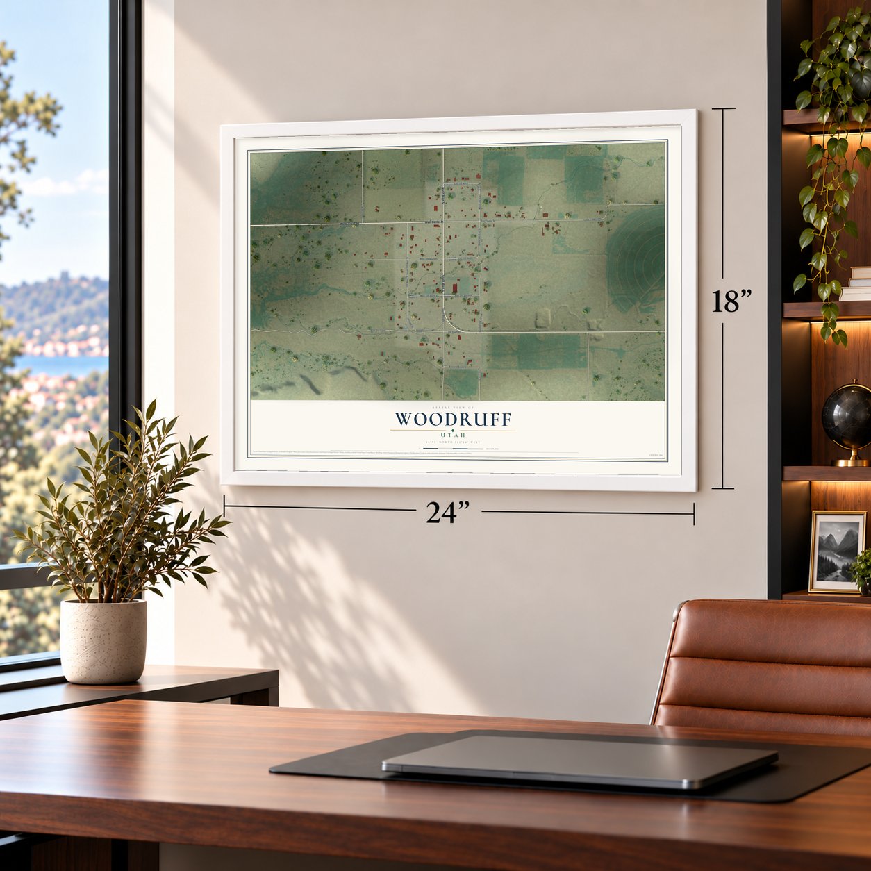 Woodruff, Utah map, 18 x 24 inch print in a white frame in a home office