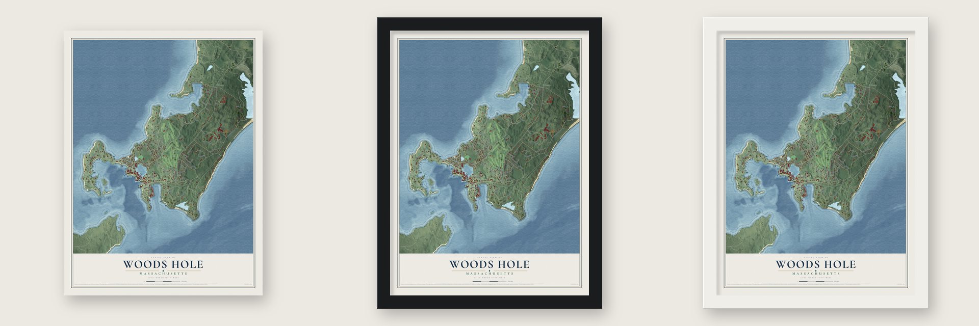 Woods Hole, Massachusetts map unframed, in a black wood frame and in a white wood frame