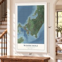 Woods Hole, Massachusetts map, 24 x 36 inch print in a white frame by a staircase