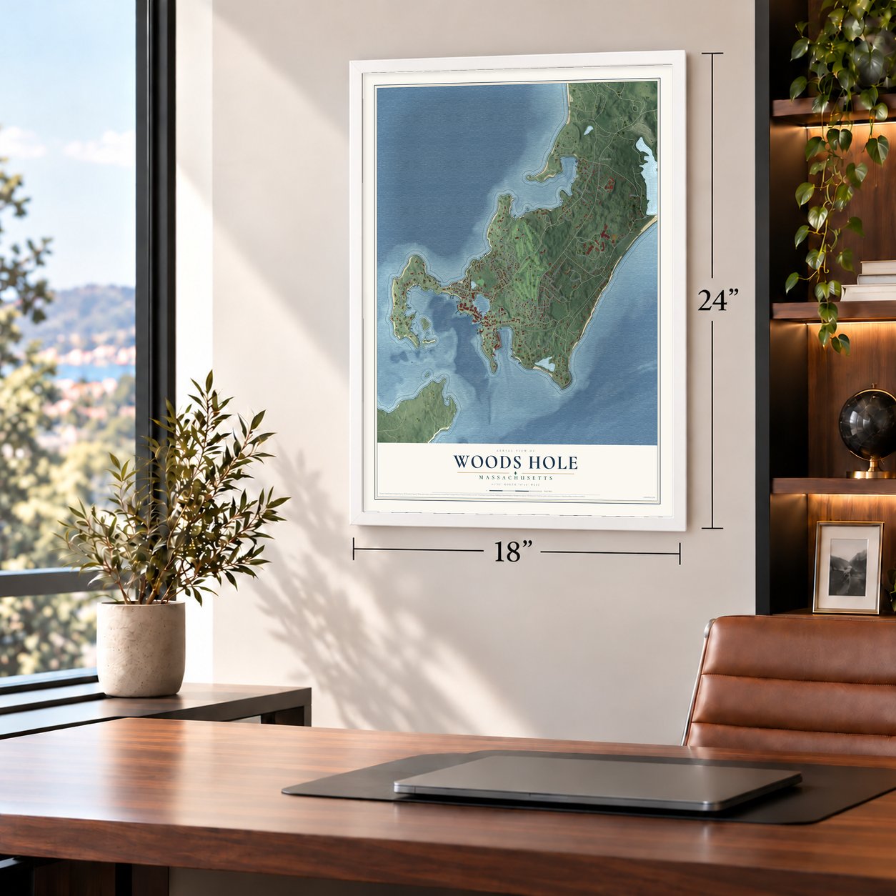 Woods Hole, Massachusetts map, 18 x 24 inch print in a white frame in a home office