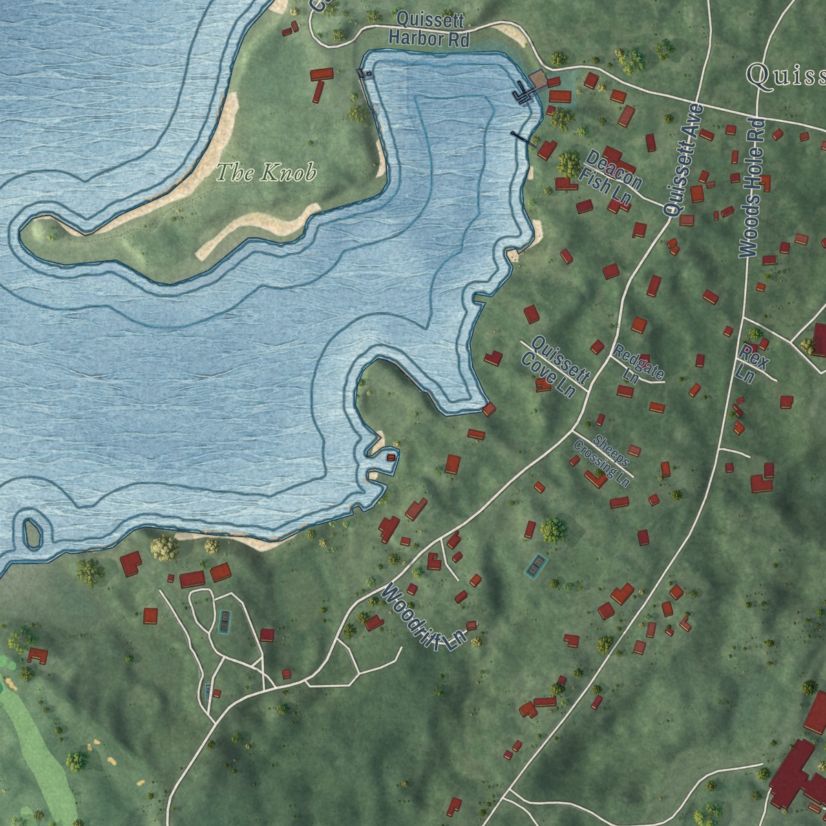 Second close-up of the map of Woods Hole, Massachusetts print showing more streets and buildings