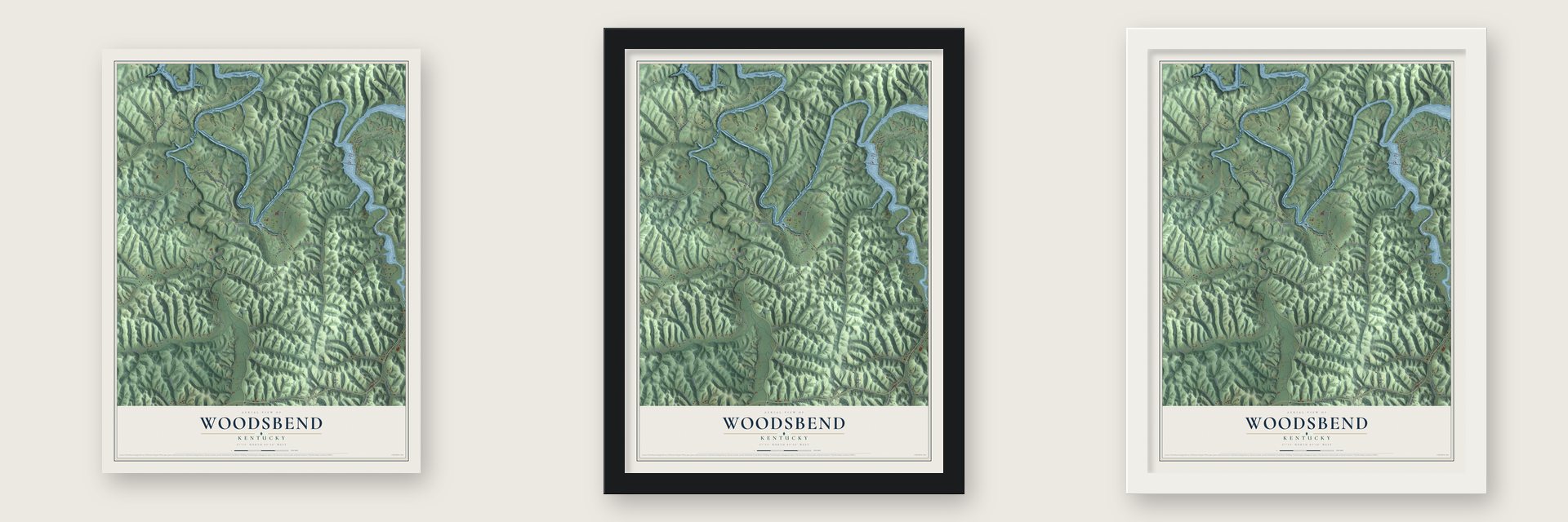 Woodsbend, Kentucky map unframed, in a black wood frame and in a white wood frame