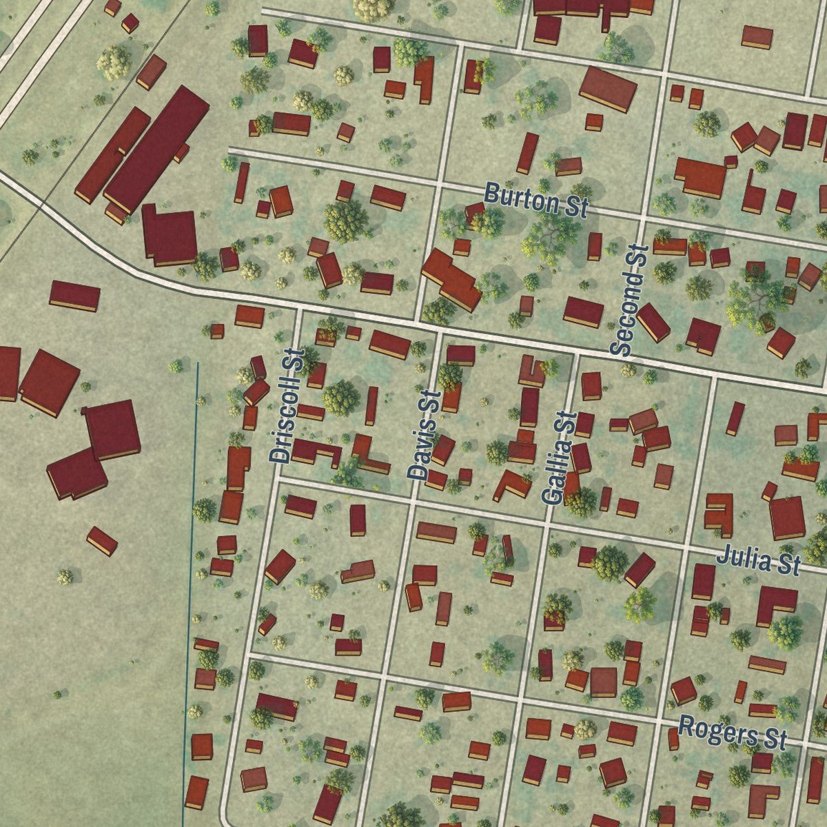 Second close-up of the map of Woodsboro, Texas print showing more streets and buildings