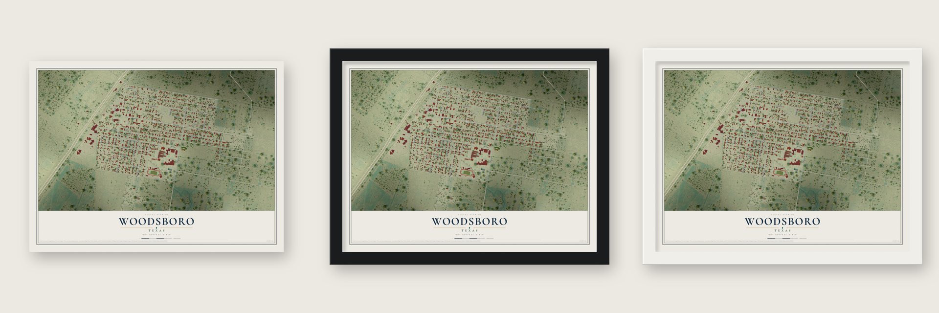 Woodsboro, Texas map unframed, in a black wood frame and in a white wood frame