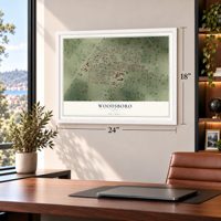 Woodsboro, Texas map, 18 x 24 inch print in a white frame in a home office
