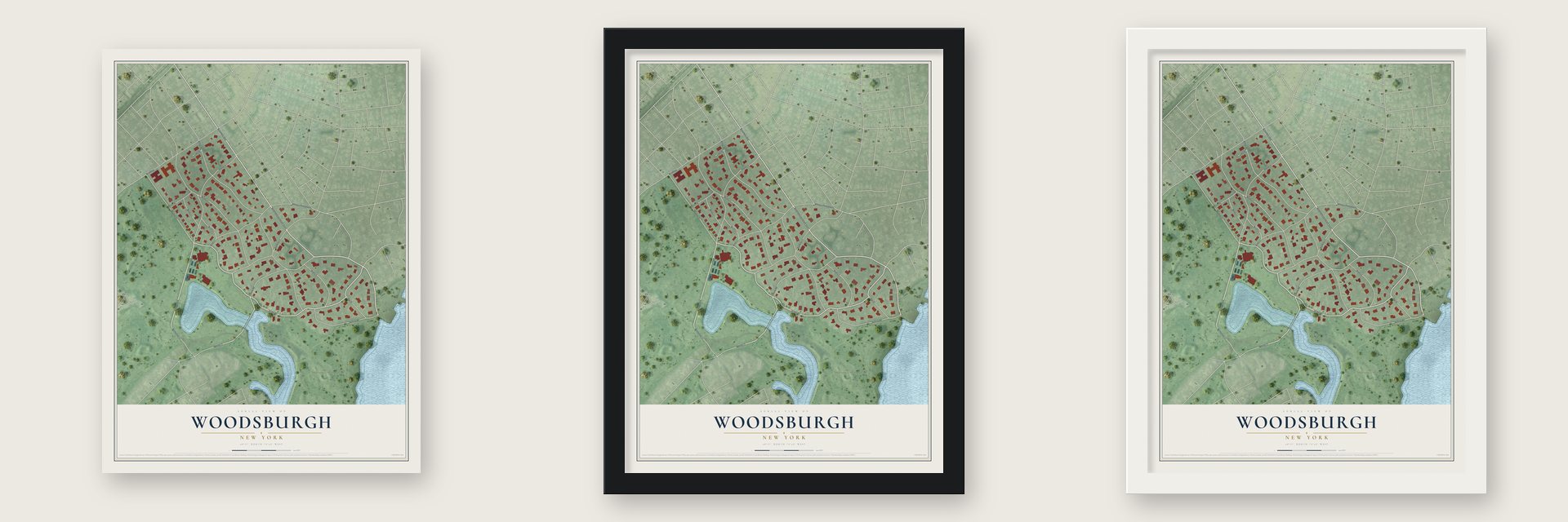 Woodsburgh, New York map unframed, in a black wood frame and in a white wood frame