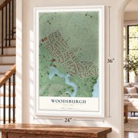 Woodsburgh, New York map, 24 x 36 inch print in a white frame by a staircase
