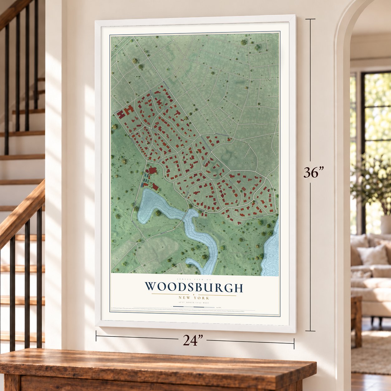 Woodsburgh, New York map, 24 x 36 inch print in a white frame by a staircase