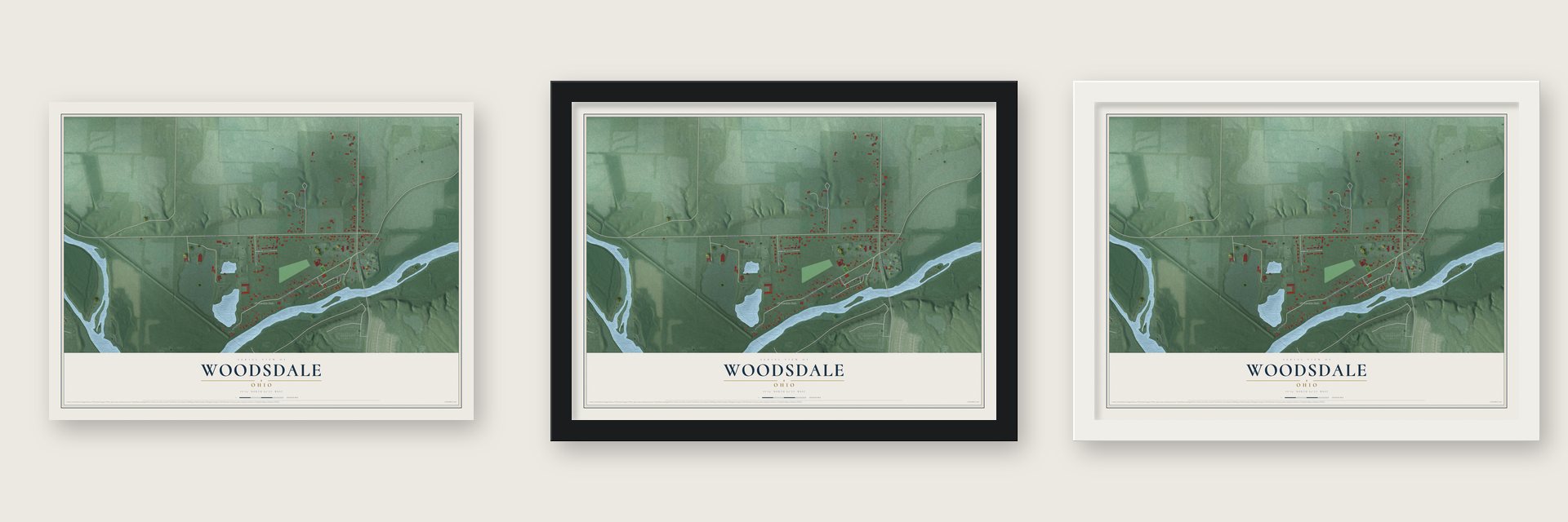Woodsdale, Ohio map unframed, in a black wood frame and in a white wood frame