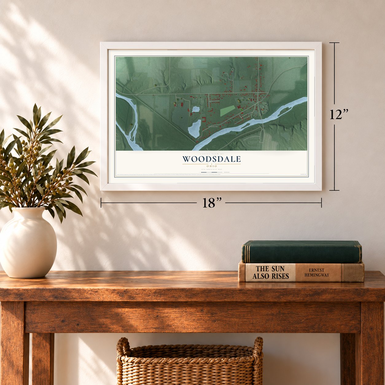 Woodsdale, Ohio map, 12 x 18 inch print in a white frame in an entryway
