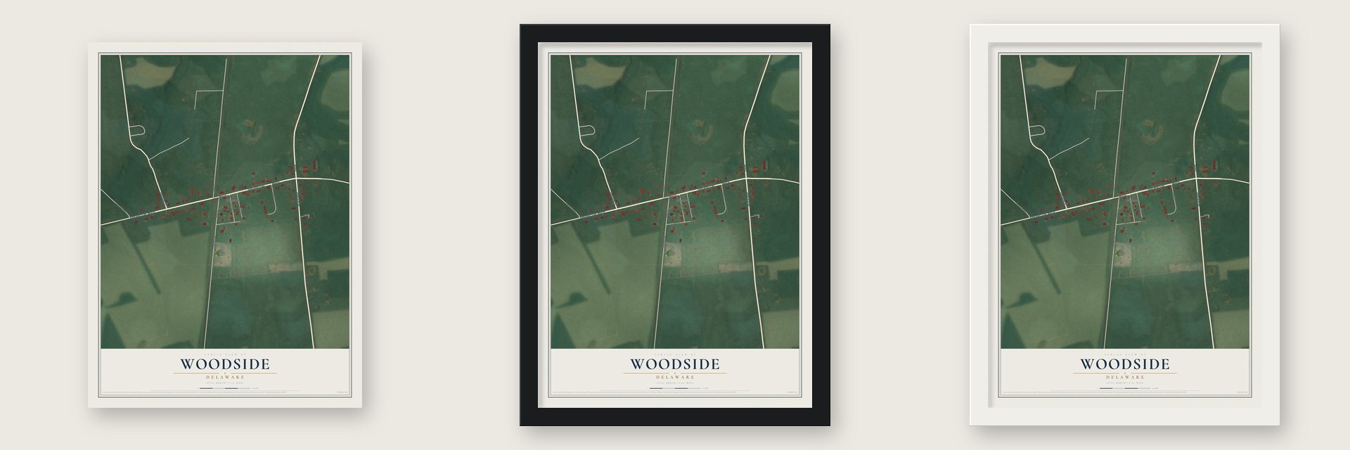 Woodside, Delaware map unframed, in a black wood frame and in a white wood frame