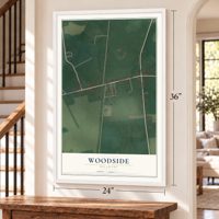Woodside, Delaware map, 24 x 36 inch print in a white frame by a staircase