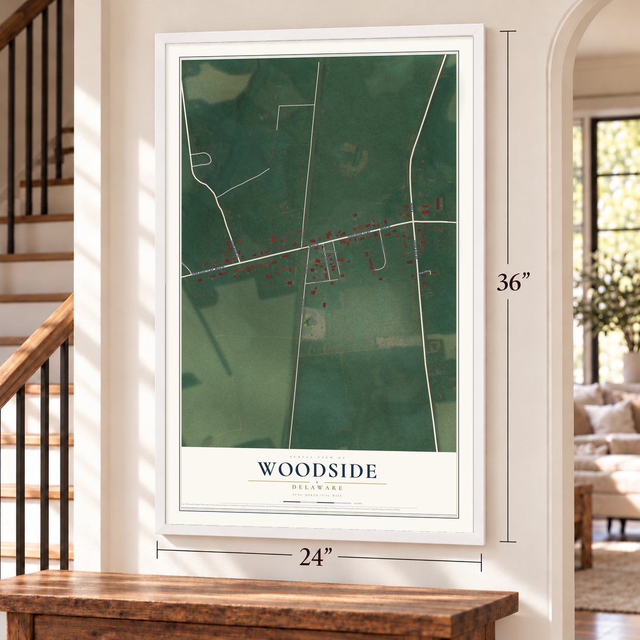Woodside, Delaware map, 24 x 36 inch print in a white frame by a staircase