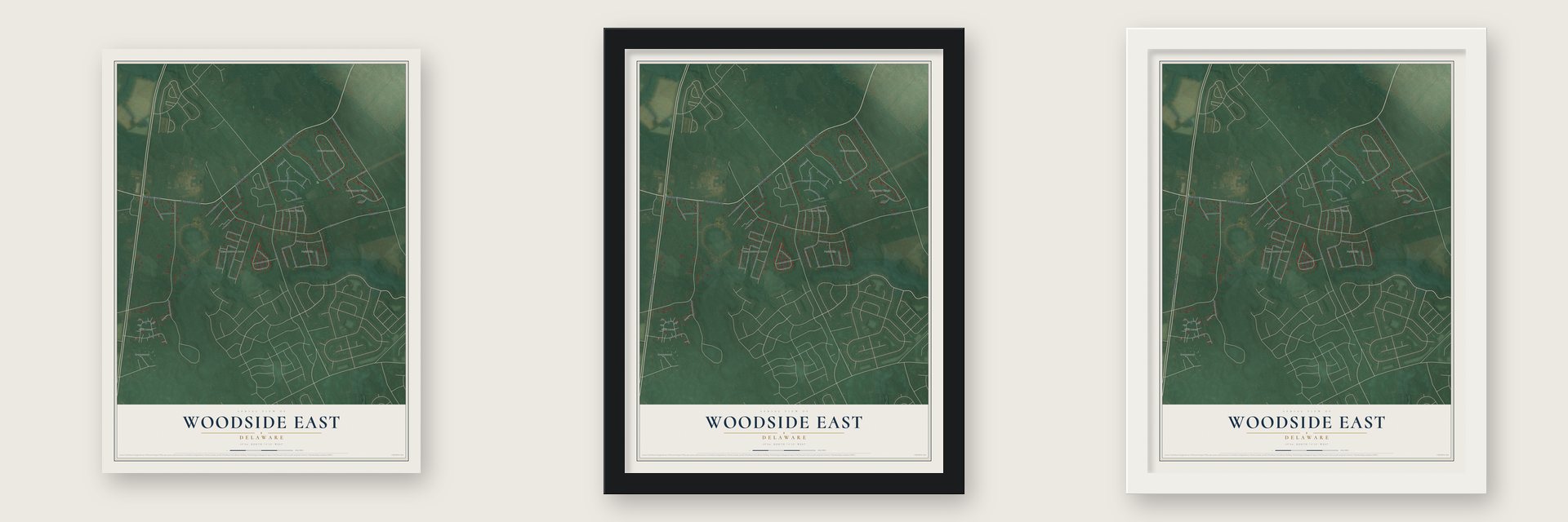 Woodside East, Delaware map unframed, in a black wood frame and in a white wood frame