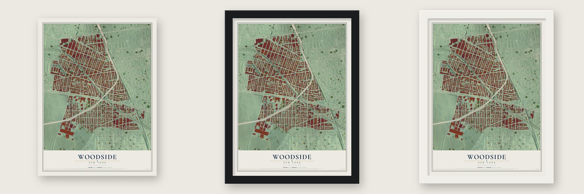 Woodside, New York map unframed, in a black wood frame and in a white wood frame