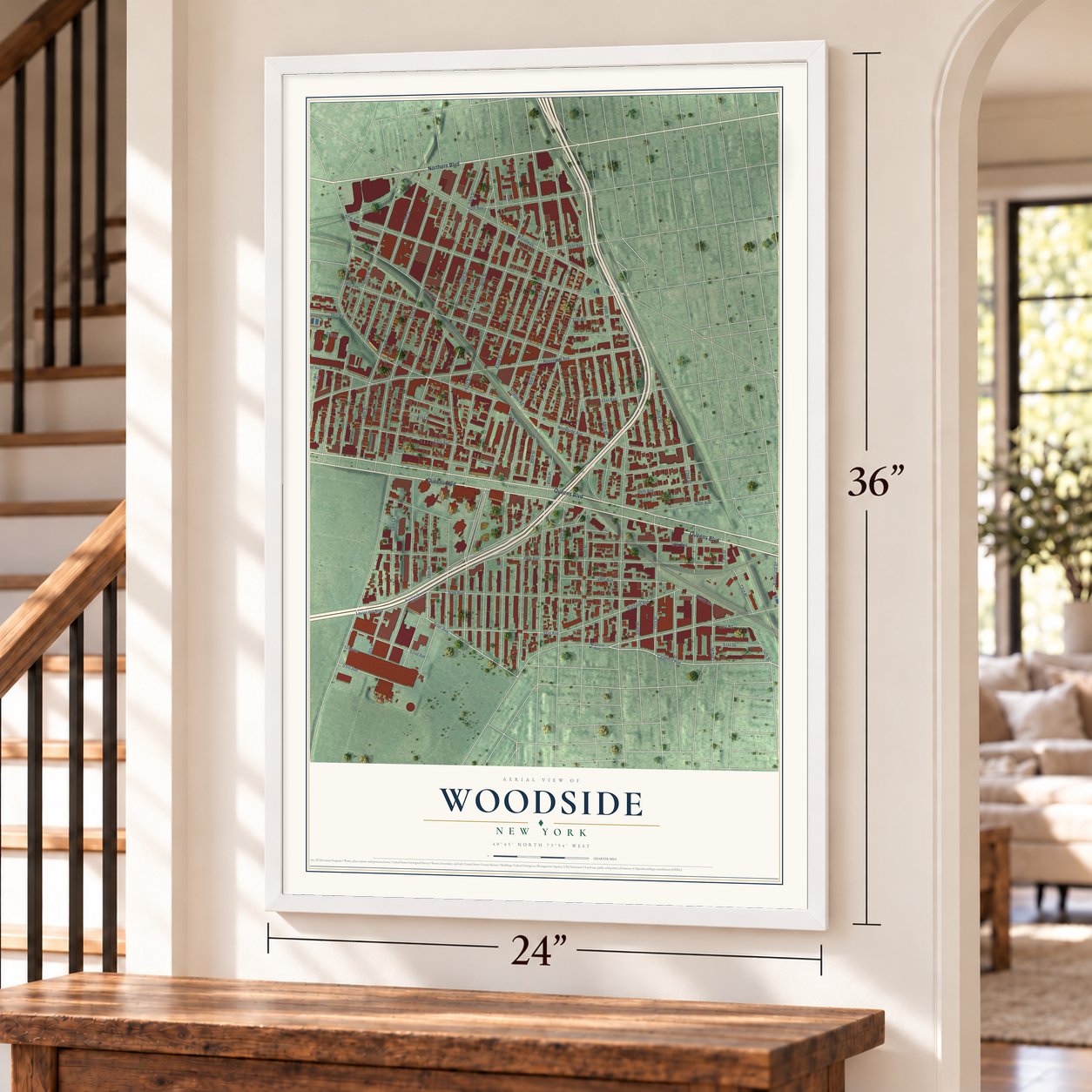 Woodside, New York map, 24 x 36 inch print in a white frame by a staircase