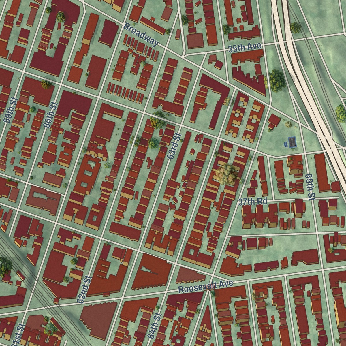 Second close-up of the map of Woodside, New York print showing more streets and buildings