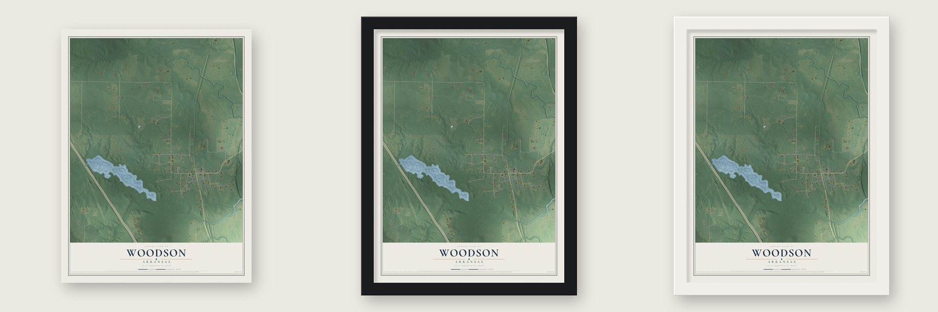 Woodson, Arkansas map unframed, in a black wood frame and in a white wood frame
