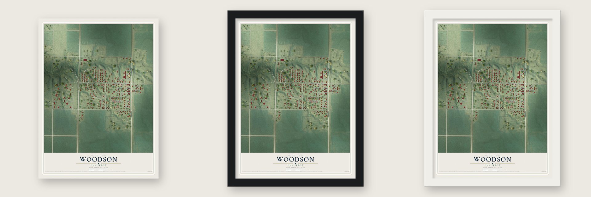 Woodson, Illinois map unframed, in a black wood frame and in a white wood frame