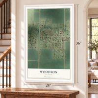 Woodson, Illinois map, 24 x 36 inch print in a white frame by a staircase