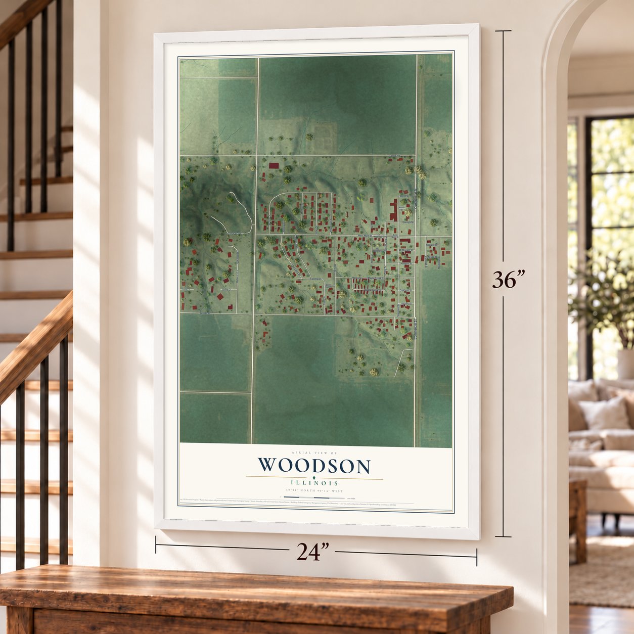 Woodson, Illinois map, 24 x 36 inch print in a white frame by a staircase