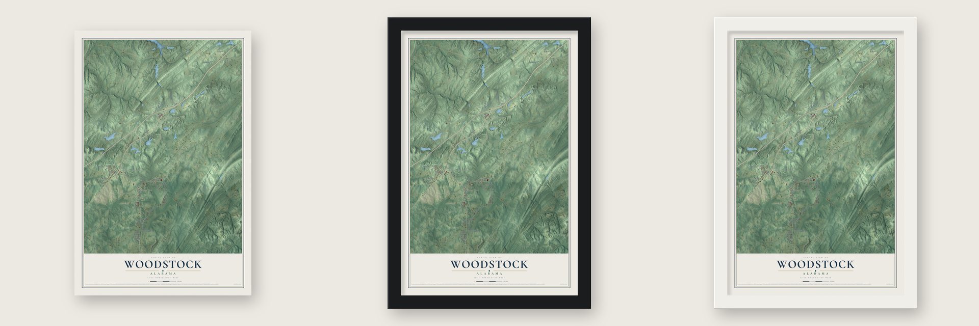 Woodstock, Alabama map unframed, in a black wood frame and in a white wood frame