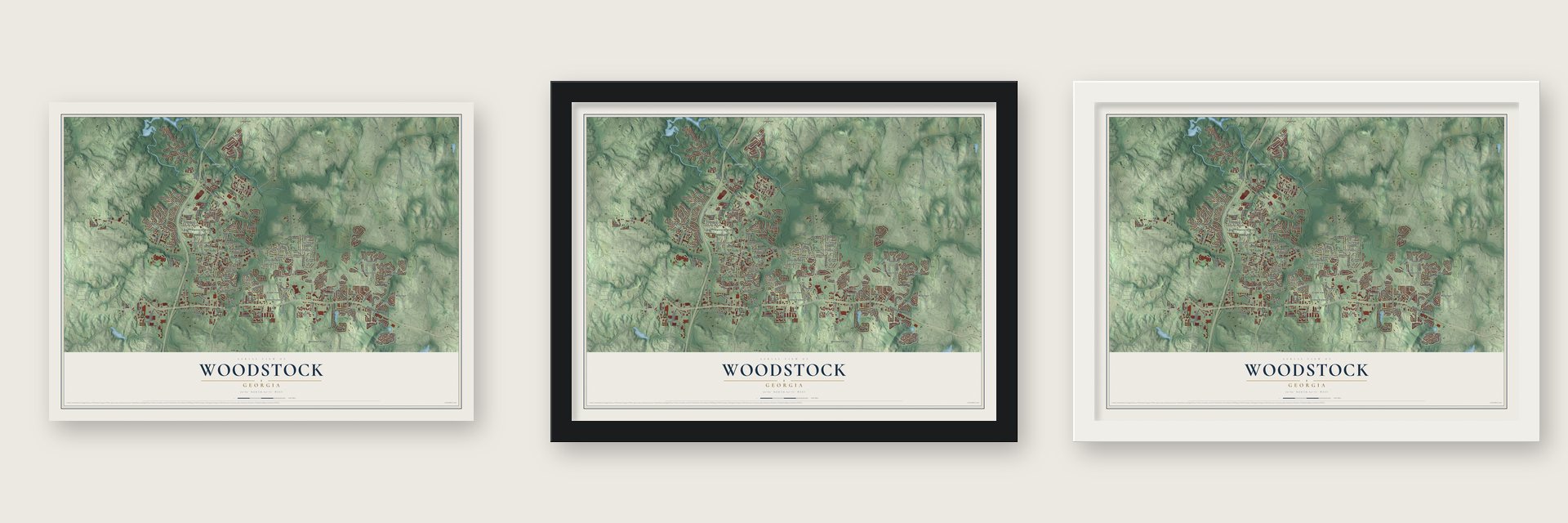 Woodstock, Georgia map unframed, in a black wood frame and in a white wood frame