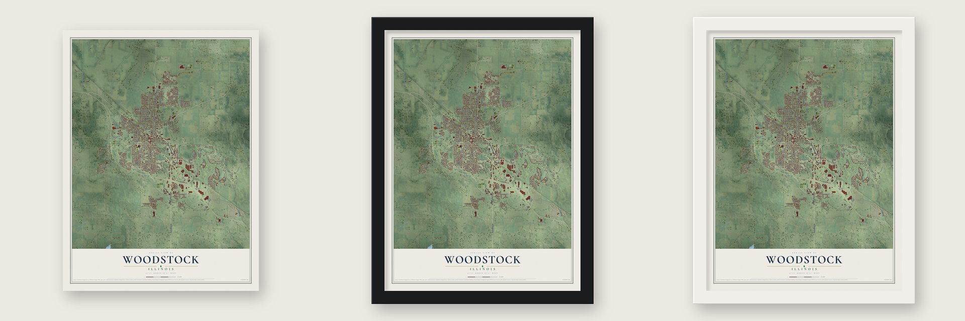 Woodstock, Illinois map unframed, in a black wood frame and in a white wood frame