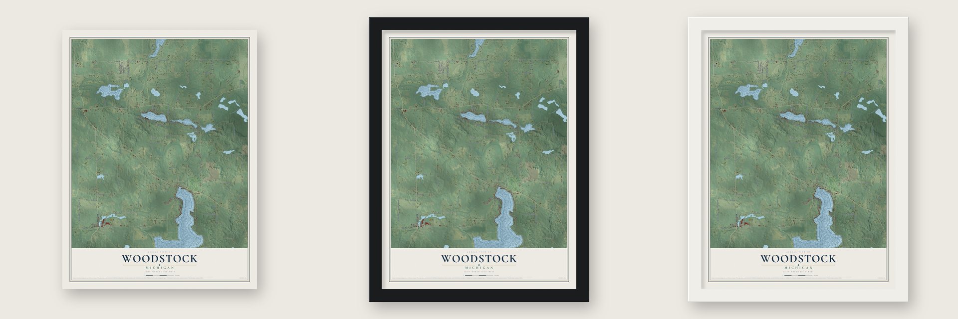 Woodstock, Michigan map unframed, in a black wood frame and in a white wood frame