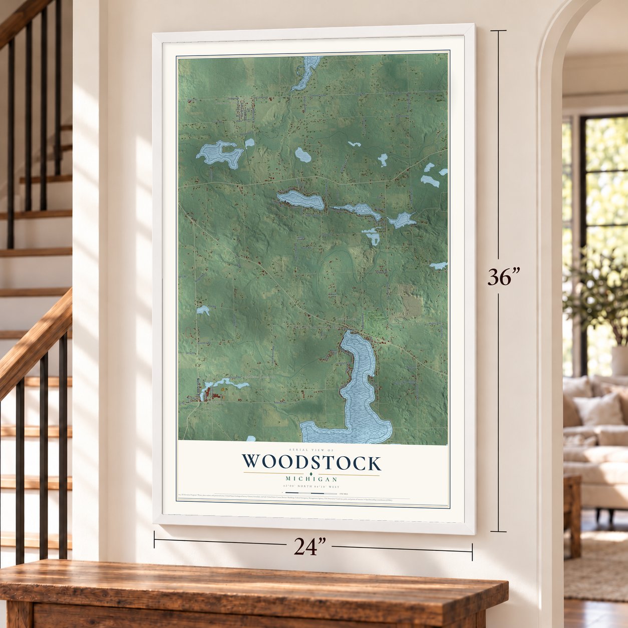 Woodstock, Michigan map, 24 x 36 inch print in a white frame by a staircase
