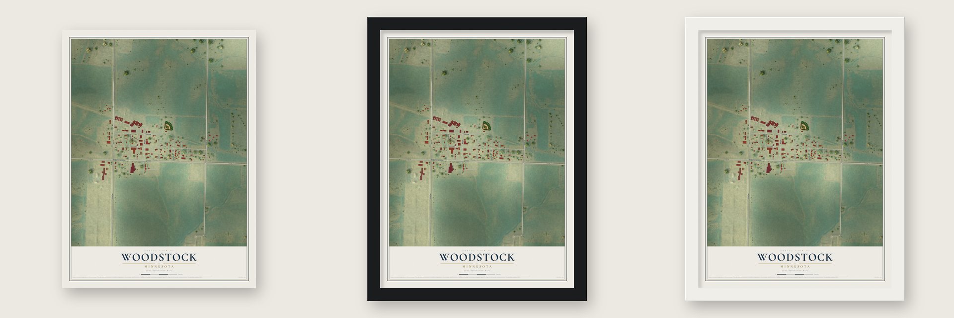 Woodstock, Minnesota map unframed, in a black wood frame and in a white wood frame