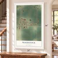 Woodstock, Minnesota map, 24 x 36 inch print in a white frame by a staircase