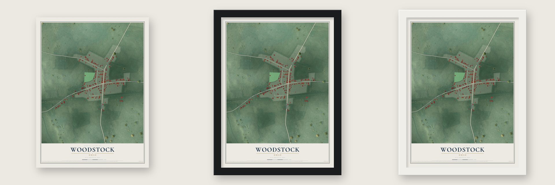 Woodstock, Ohio map unframed, in a black wood frame and in a white wood frame