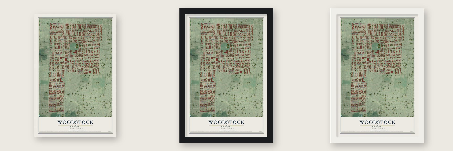 Woodstock, Oregon map unframed, in a black wood frame and in a white wood frame