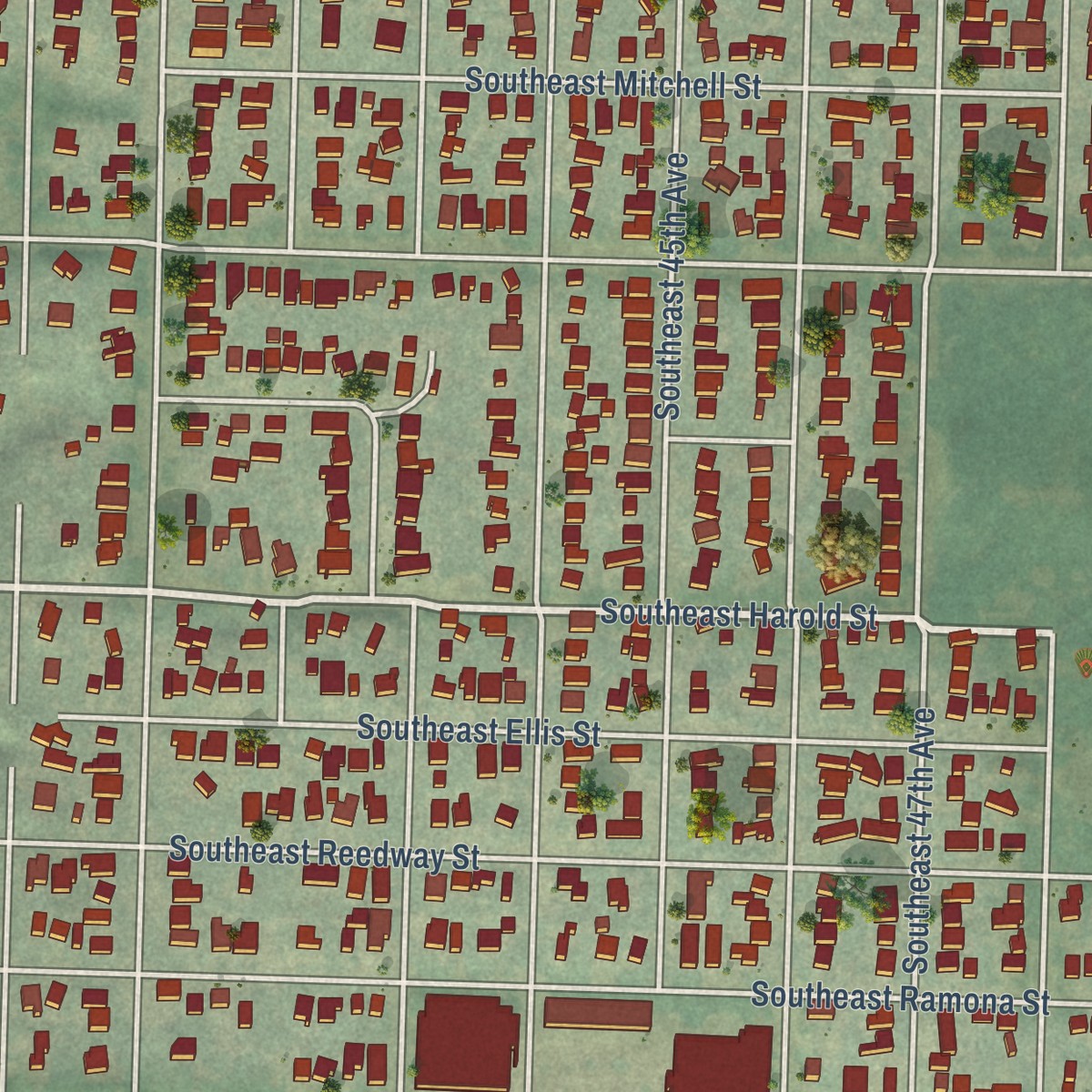 Second close-up of the map of Woodstock, Oregon print showing more streets and buildings