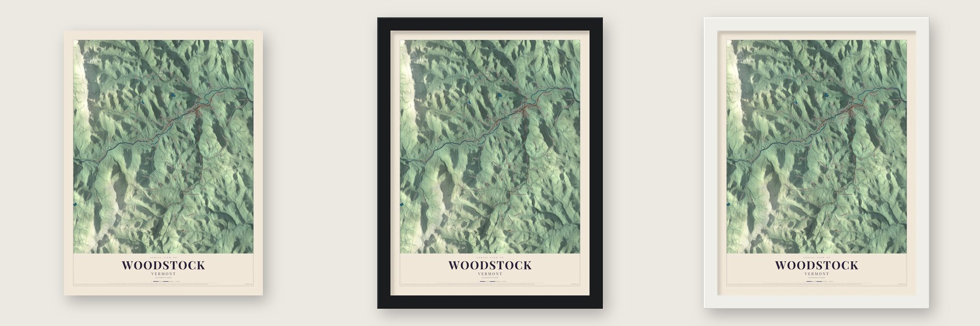 Woodstock, Vermont map unframed, in a black wood frame and in a white wood frame